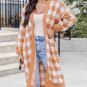 Pink Lily Be The First Tan Plaid Long Cardigan